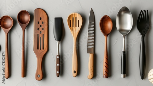 Assorted Wooden and Stainless Steel Kitchen Utensils on Marble Surface