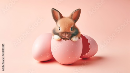 Cute Easter bunny hatching from pink Easter egg isolated on pastel pink background with copy space, Happy Easter banner with adorable rabbit © Marpa