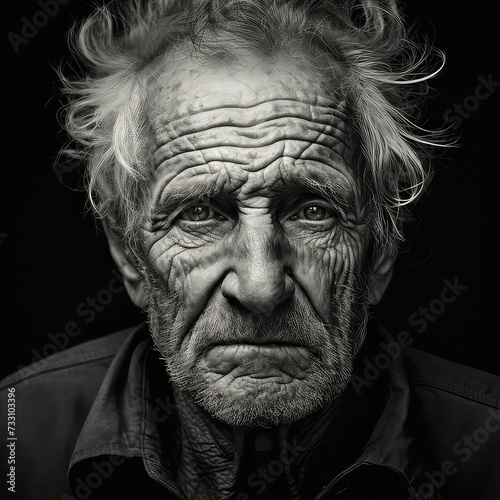 Grayscale portrait of an elderly Caucasian man looking at the camera. AI-generated.