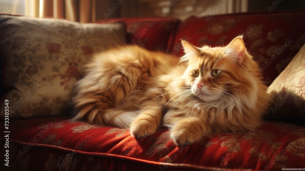 The breathtaking sight of a regal ginger cat resting gracefully on a well-appointed couch, emanating a sense of calm. The breathtaking sight of a regal ginger cat resting gracefully on a well-appointed couch, emanating a sense of calm.