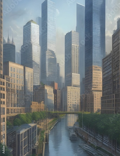 AI generated illustration of impressive skyline of a city with tall modern buildings and a bridge