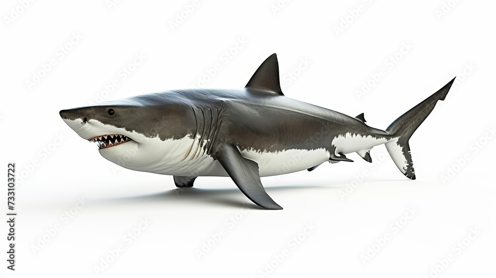 Fototapeta premium A lifelike 3D model of a shark isolated on a white background, full of detail AI Generative.