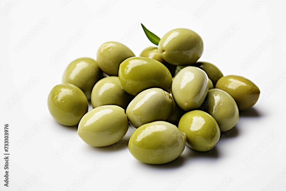 AI generated illustration of a close-up of a few green olives resting on a white surface AI generated illustration of a close-up of a few green olives resting on a white surface