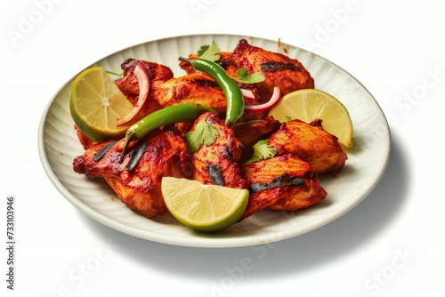 Plate of traditional chicken tandoori with freshly cut limes and cilantro