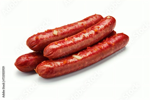 Chorizos arranged in a stack on a white ceramic surface