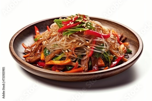 AI generated illustration of a brown ceramic plate overflowing with Japchae