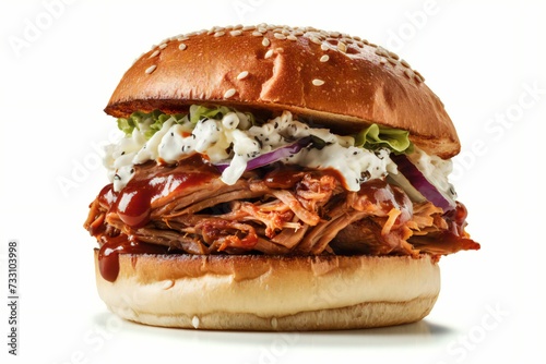 AI generated illustration of a mouthwatering pulled pork sandwich on a white background photo