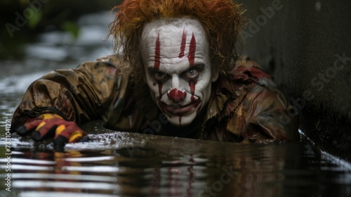 a clown that is laying down in the water and posing