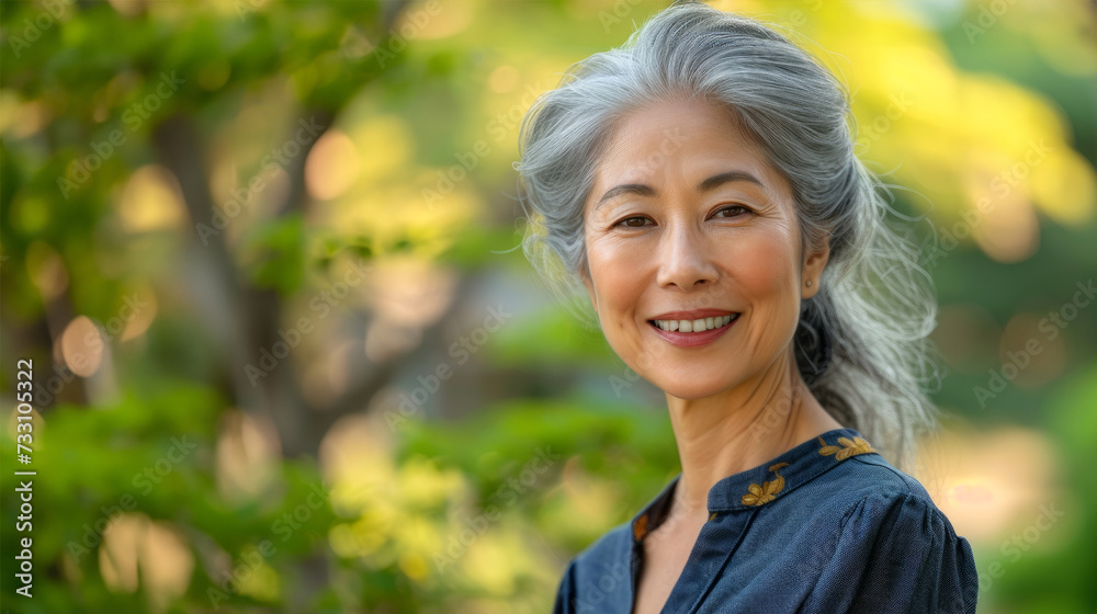 Cute Smiling Woman With Grey Hair. Beautiful Middle-Aged Asian Woman Portrait. Mature beautiful middle aged asian woman, senior older grey haired lady looking at camera.