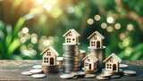 A row of small houses sitting on top of a pile of gold coins. Nature blur and bokeh background. Prosperous Living of investment