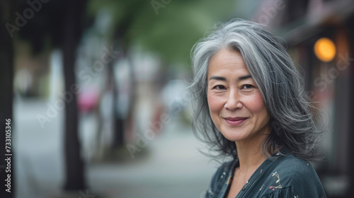 Cute Smiling Woman With Grey Hair. Beautiful Middle-Aged Asian Woman Portrait. Mature beautiful middle aged asian woman, senior older grey haired lady looking at camera.