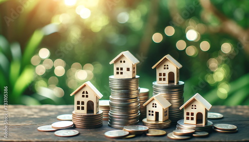 A row of small houses sitting on top of a pile of gold coins. Nature blur and bokeh background. Prosperous Living of investment