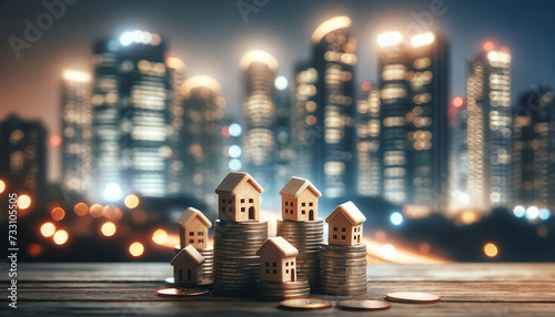 A row of small houses sitting on top of a pile of gold coins. City of light blur and bokeh background. Prosperous Living of investment photo