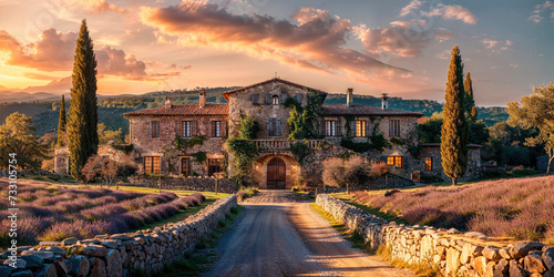 Luxurious villa nestled in a lush vineyard under a breathtaking sunset sky.