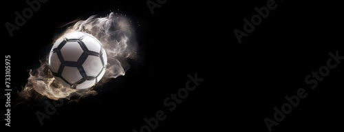 Soccer ball flies in the air from a kick, traces of trajectory, Dark background isolate. photo