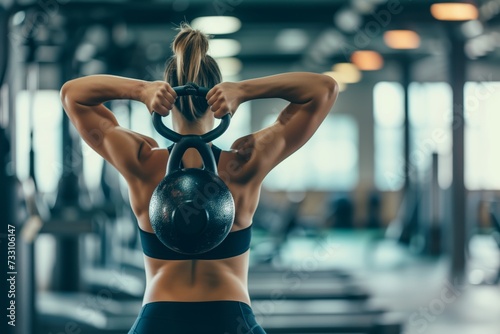 Young woman working out with a kettle bell at the gym © Johnny