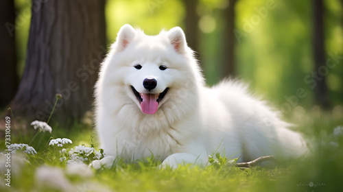 Samoyed with a fluffy white coat and smiling face