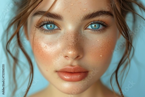 A captivating vogue beauty portrait featuring a young woman with flawless skin adorned with delicate droplets.