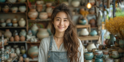 A portrait of an attractive and confident young Asian woman, a seller in a ceramics market.