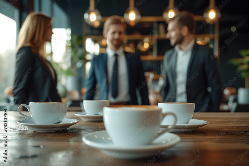 Business people standing around a table with coffee Business people standing around a table with coffee
