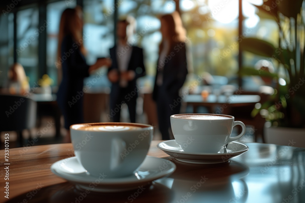 Business people standing around a table with coffee Business people standing around a table with coffee