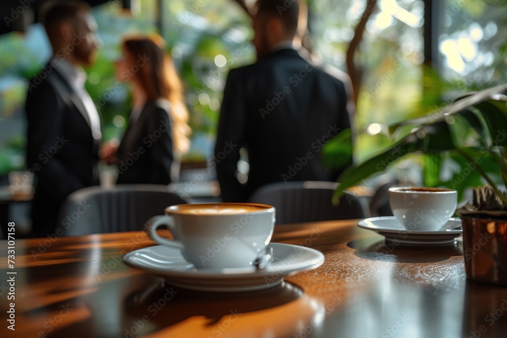 Business people standing around a table with coffee Business people standing around a table with coffee