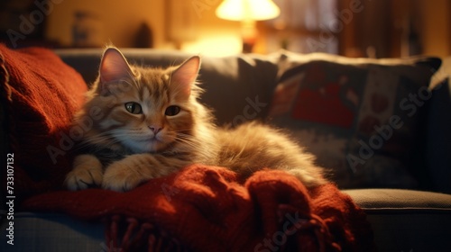 Whiskered friend creating an endearing scene by reaching out to the lens in the comforting space of home.