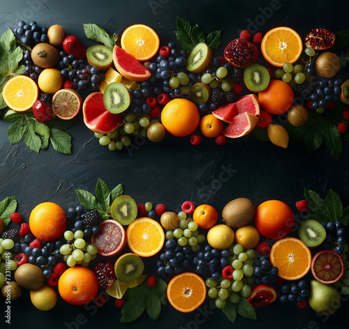 An array of colorful fresh fruits, including oranges, kiwis, grapes, and berries, artfully arranged on a vibrant black background © KN Studio