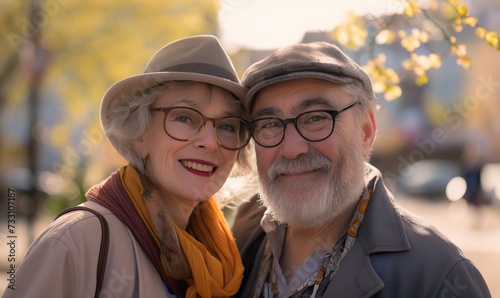 Happy senior retiree caucasian couple elderly man and woman on sunny spring day outdoors smiling at camera
