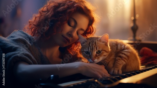 With a soft melody playing in the background, a young woman and her cat create a harmonious moment, their connection a silent duet of love.