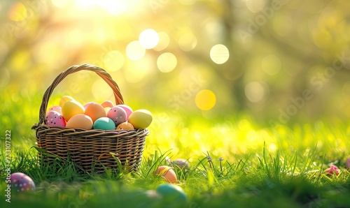 Wooden Basket full of easter eggs on green grass. © Filip