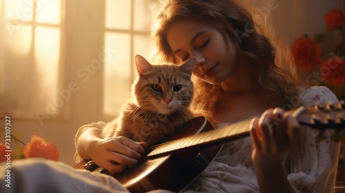 With a soft melody playing in the background, a young woman and her cat create a harmonious moment, their connection a silent duet of love.