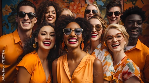 In front of a solid tangerine orange background, a group of beautiful models radiates warmth and energy. Their vibrant attire and confident expressions create a visually striking image