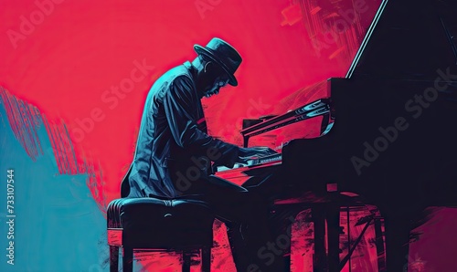 Pianist plaing at piano,  graphic design or cartoon style. photo