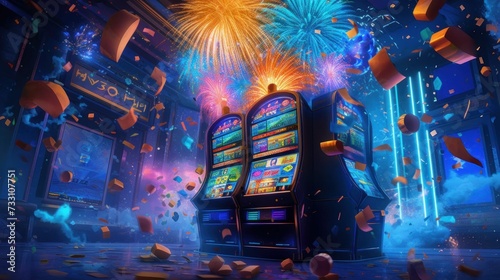 AI generated illustration of fireworks over a casino machine with confetti in the air