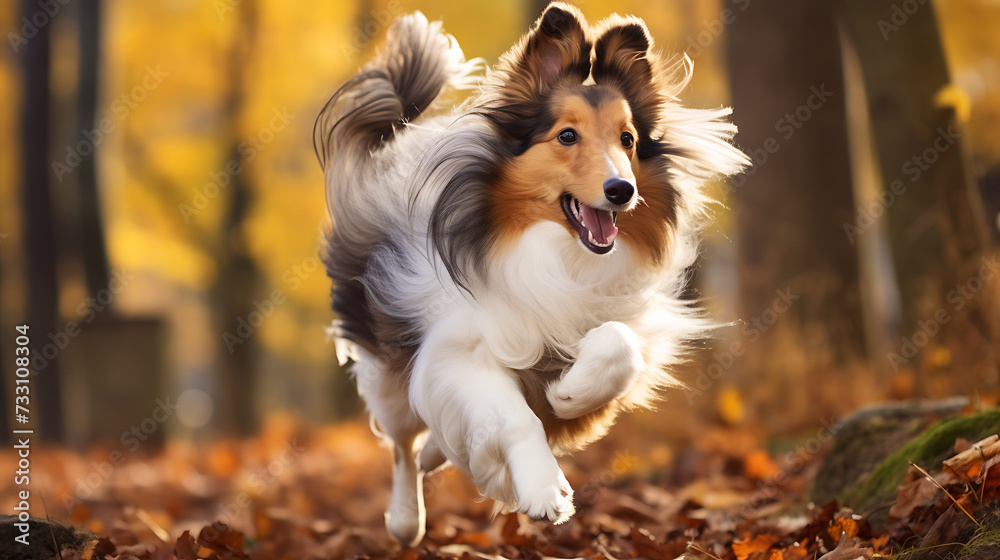 Shetland sheepdog with a flowing mane and playful demeanor