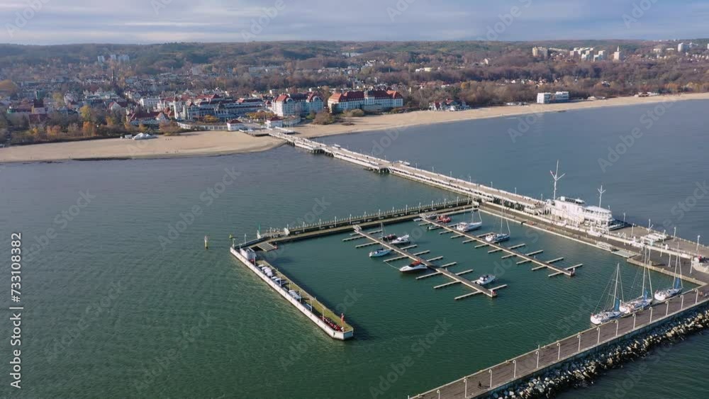 Aerial view of the Baltic sea coastline and wooden pier in Sopot at autumn, Poland Aerial view of the Baltic sea coastline and wooden pier in Sopot at autumn, Poland