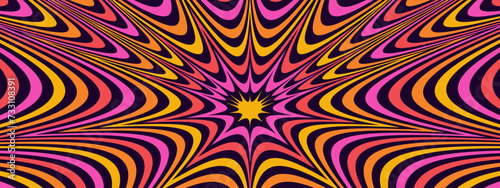 Hypnotic dynamite explosion tunnel horizontal banner background. Trendy groovy style bright anime manga comic explosive background. Psychedelic 70s cartoon banner. Cute retro abstract y2k backdrop