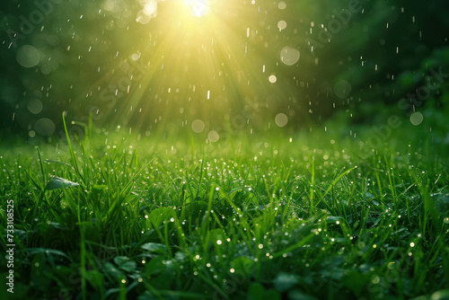 Fresh Morning Dew on Green Grass in Summer Meadow, with Bright Sunlight and Water Droplets, Nature Close-up