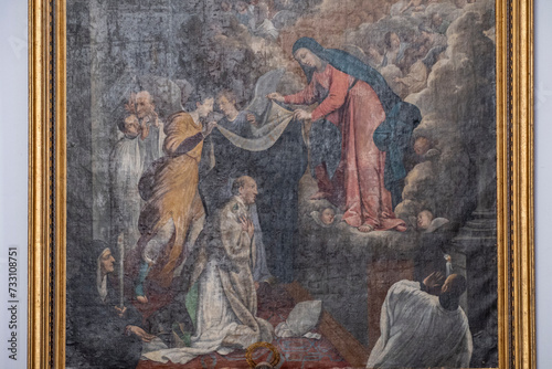 La Virgen entrega la casulla a San Ildefonso, oleo sobre lienzo, siglo XVIII, Cristo de la Humildad, , Monasterio de San Juan de los Reyes, Toledo, Castilla-La Mancha, Spain