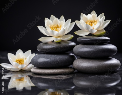 Flowers with spa stones with reflection on a black background. AI generated.