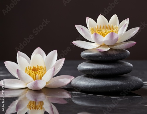 Natural flower with stones with reflection on a black background. AI generated.