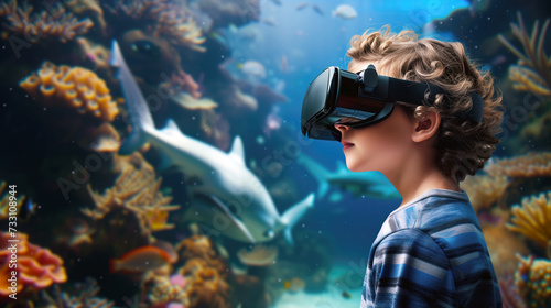 School child wearing virtual reality glasses is studying biology with underwater marine life and a white shark in his glasses. Concept of the virtual reality in school education