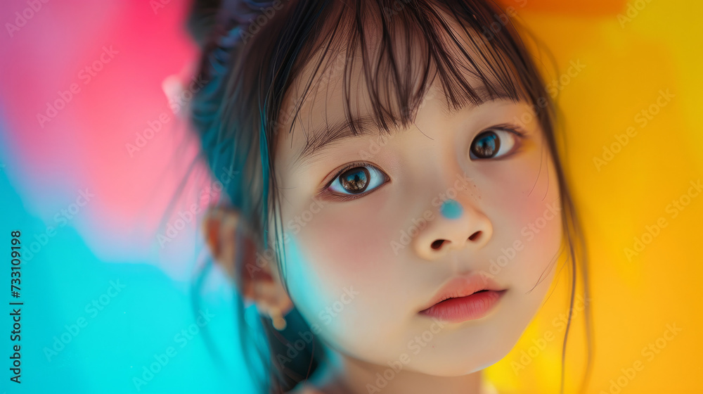 Asian smiling little girl portrait looking camera. Cute girl with big eyes. beautiful little girl on a colored background. Asian smiling little girl portrait looking camera. Cute girl with big eyes. beautiful little girl on a colored background.