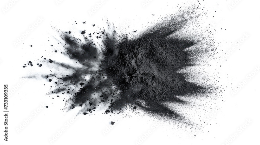 Explosive burst of black powder on a white background, capturing a dynamic motion freeze. Explosive burst of black powder on a white background, capturing a dynamic motion freeze.