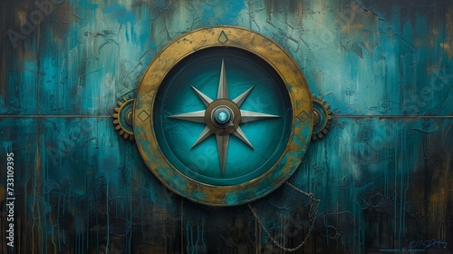 Vintage Nautical Compass Painting on Distressed Blue Background