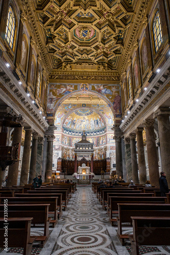 wooden ceiling  designed by Domenichino  The Basilica of Santa Maria in Trastevere  Founded in the 3rd century by Pope Callistus I  Rome  Lazio  Italy