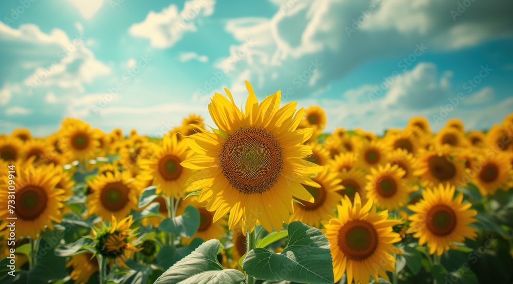 Golden sunflower on field and blue sky stock photo