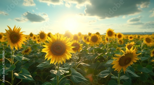 Golden sunflower on field and blue sky stock photo