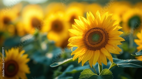 Golden sunflower on field and blue sky stock photo